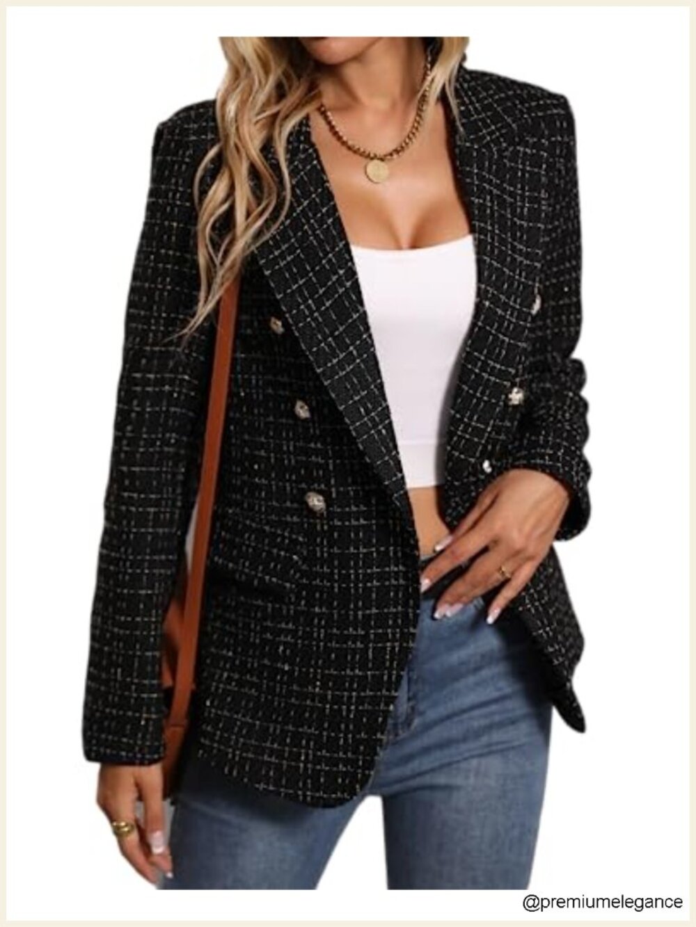 Women's Tweed Plaid Double-Breasted Blazer Business Casual Work Jacket with